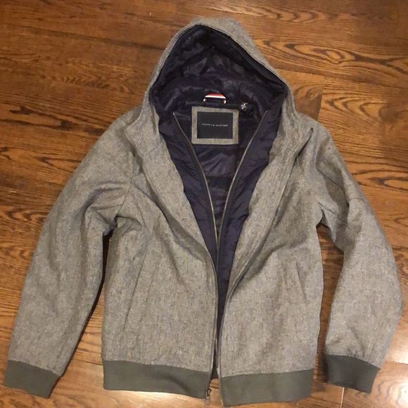 TOMMY HILFIGER Mens Grey Winter Coat Quilted Lining  Double Zipper Hood Sz MED - Picture 13 of 13